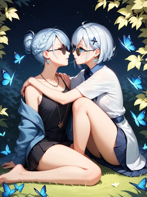 Illustration of a character with white hair, blue eyes, and wearing round sunglasses. They are dressed in a dark outfit, surroun...