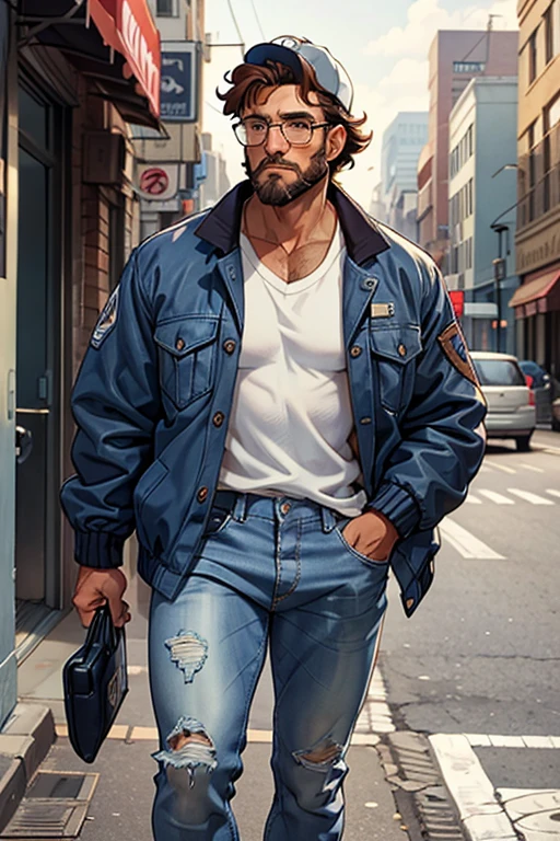 A tall muscular 40 years old man, brown curled up messy hair, big beard, wearing a open blue jacket, white button-up shirt below jacket, black jeans, eye glasses, walking on street, wearing a cap