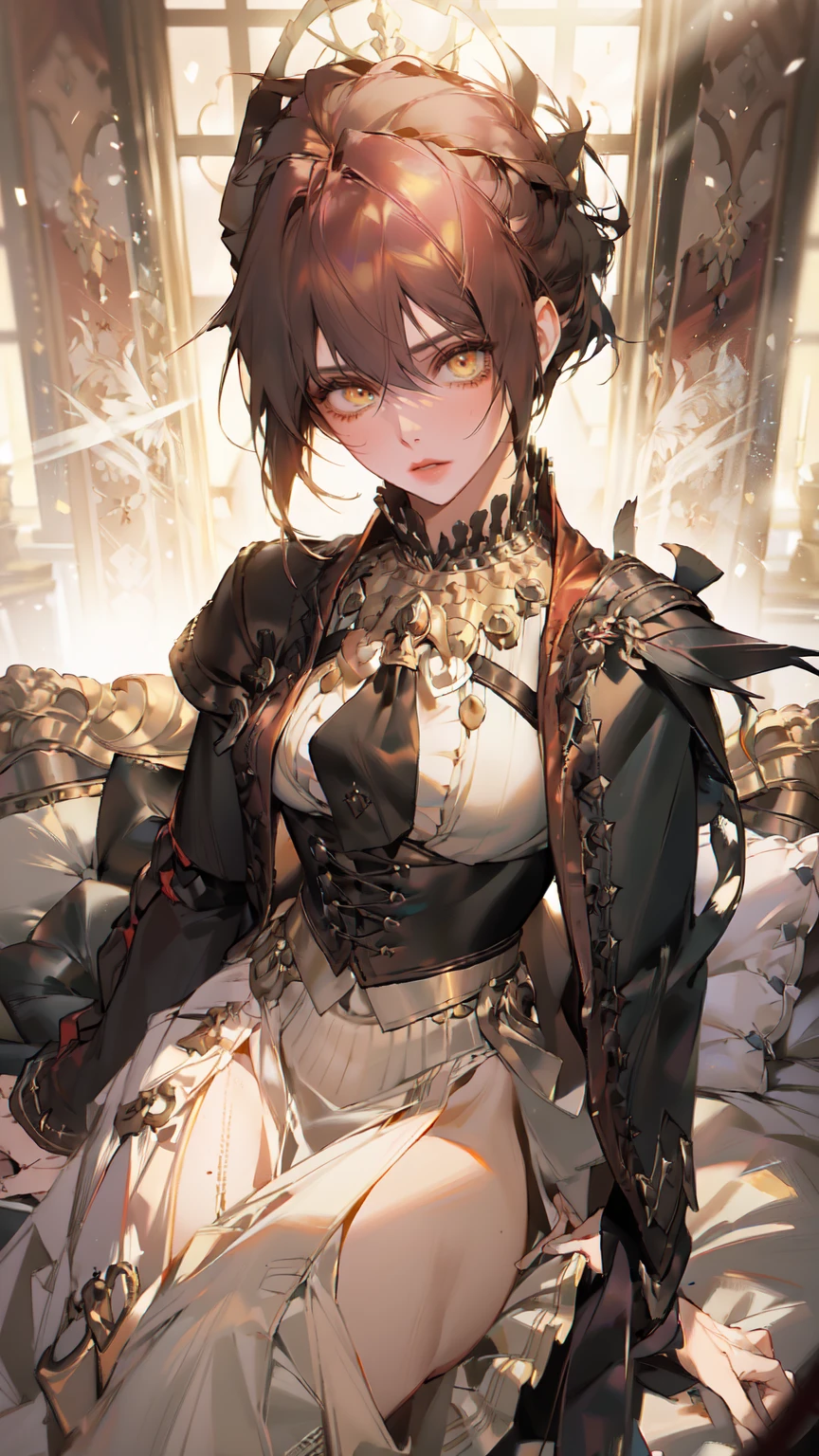 (Epic Showcase: like Arknights Character banner , Designs in Detail)(Masterpiece, Best Quality, Ultra High Resolution , Digital Art,Beautiful and Aesthetic )Perfect proportions of the body , not an ordinary perspective . .the whole body is covered by clothes. (strict posture , One Fashionable adult girl with a short oblique bob, slender figure, expressive and confident look ) in modern men's suit in professional performance , matte black color , lovely thin white but long tie , (silk thick threads of red color connect the necklines on the sides of the whole suit) , . The character sits on a large massive sofa with lots of leather , an interesting and atmospheric pose that characterizes the character ,(Photorealistic style combined 2.5D . realistic anatomy , beautiful perspective . Best image quality , pastel color , focus on the face , Big Hair ( black with red gelding ) , well detailed eyes , detailed background in modern boudoir style . )