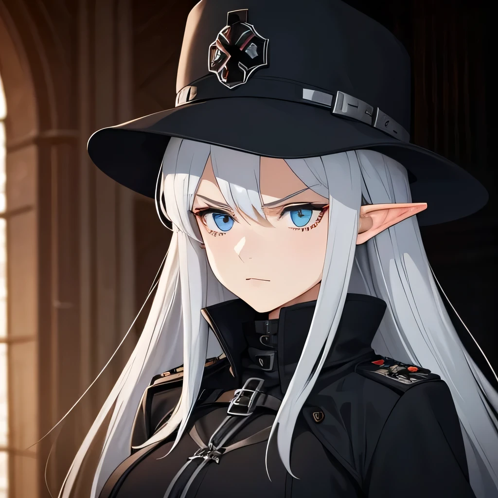 A woman, with silver hair with a reddish tone, light blue eyes, wearing a long black gothic coat with a slightly reddish tone, with iron cross symbols on the silver coat, black officer's hat with dress detail, with a iron cross, in a nordic castle at night, serious face. Elf, elf officer 