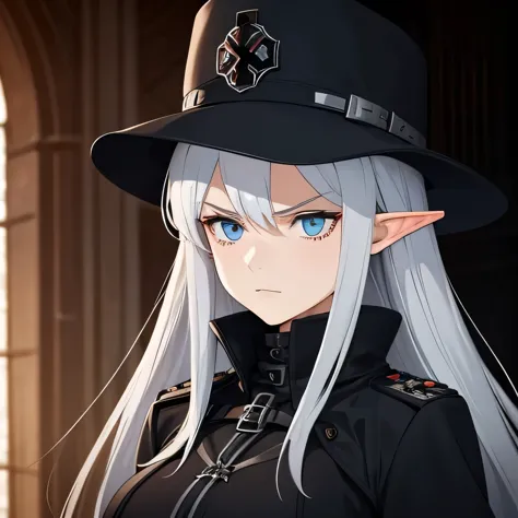 A woman, with silver hair with a reddish tone, light blue eyes, wearing a long black gothic coat with a slightly reddish tone, w...