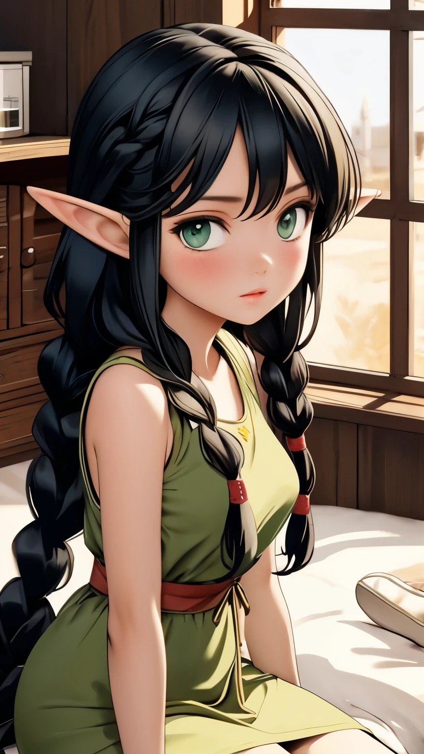 an elf girl with long braided black hair, elf ears, big round green eyes, thin lips, round face, small breasts, delicate and beautiful sitting on a bed, in a room in a tavern, wearing archer clothes