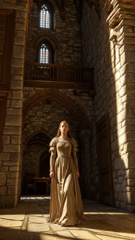 a girl in an ancient castle in the year 2024, intricate medieval architecture, ornate stone walls, cobblestone floors, stained g...