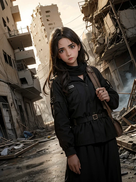 A realistic image of a palestinian young girl, 18 years old, in a war gaza city, her facial expression is one of confusion and despair, style by Steve Hanksa, the background shows the destruction, buildings collapsed, rubble, fire and smoke, provide intricate details in the image. Dramatic lighting, dramatic image, Greg Rutkowski, 🇵🇸🇵🇸🇵🇸