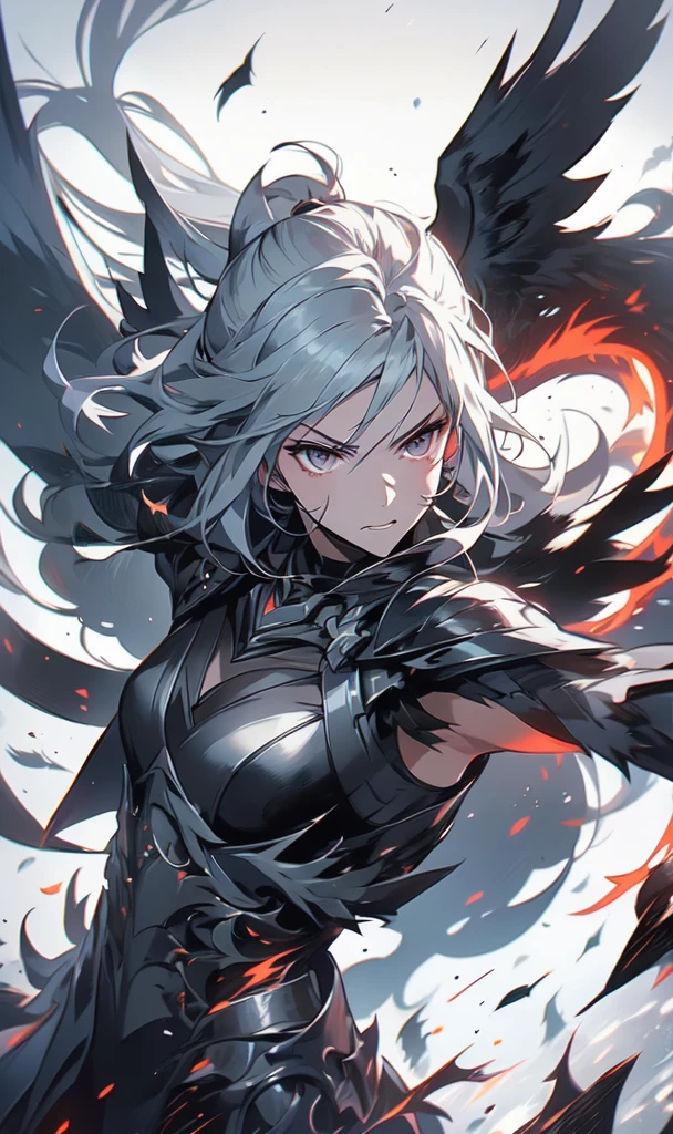 1girl, solo, anime, anime girl, black wings, white hair, black wings, black wings, black wings, black wings, black wings, black wings, black wings, from arknights, middle shot of a female anime hero, artgerm and atey ghailan, arknights, in combat, dynamic, dynamic pose, dynamic composition, attack, fate grand order, anime style like fate/stay night, senti, black eyes, white hair, poinytail, mature, (anger, tsurime:1.33), cursed armor, high tech armor, black armor, stealthtech ,scifi ,cutting edge , sleek angular, flames, destruction, world on fire, apocalyptic mass destruction