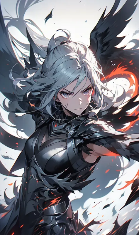 1girl, solo, anime, anime girl, black wings, white hair, black wings, black wings, black wings, black wings, black wings, black ...