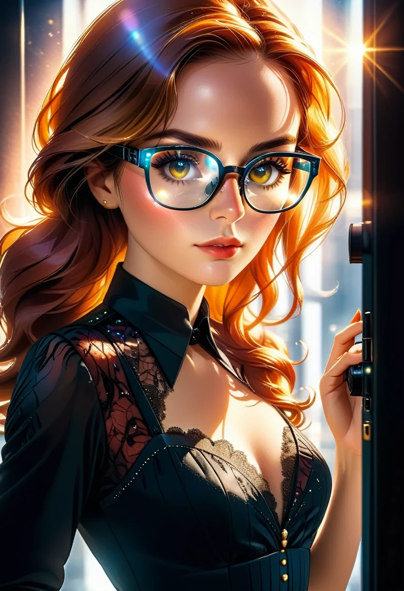 a facial portrait of a spy using glasses to take pictures working on a secret computer labratory, an elegant, exquisite beautiful female spy, dynamic hair color, dynamic hair style, (wearing elegant intricate details glasses: 1.3), dynamic color glasses, dynamic style glasses, ((digital information reflected in the glasses:1.6)), she wears an elegant, intricate detailed dress, silk dress , small cleavage, Vibrant, Ultra-high resolution, High Contrast, masterpiece:1.2, highest quality, Best aesthetics), best details, best quality, highres, ultra wide angle, 16k, [ultra detailed], masterpiece, best quality, (extremely detailed), Genetically modified..., Cinematic Hollywood Film, lens flare style