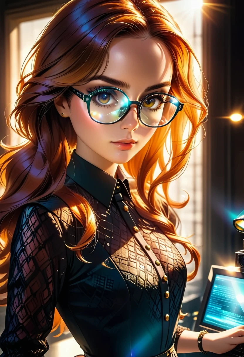 a facial portrait of a spy using glasses to take pictures working on a secret computer labratory, an elegant, exquisite beautiful female spy, dynamic hair color, dynamic hair style, (wearing elegant intricate details glasses: 1.3), dynamic color glasses, dynamic style glasses, ((digital information reflected in the glasses:1.6)), she wears an elegant, intricate detailed dress, silk dress , small cleavage, Vibrant, Ultra-high resolution, High Contrast, masterpiece:1.2, highest quality, Best aesthetics), best details, best quality, highres, ultra wide angle, 16k, [ultra detailed], masterpiece, best quality, (extremely detailed), Genetically modified..., Cinematic Hollywood Film, lens flare style