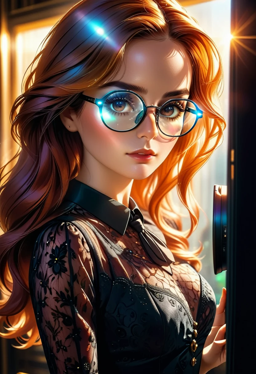 a facial portrait of a spy using glasses to take pictures working on a secret computer labratory, an elegant, exquisite beautiful female spy, dynamic hair color, dynamic hair style, (wearing elegant intricate details glasses: 1.3), dynamic color glasses, dynamic style glasses, ((digital information reflected in the glasses:1.6)), she wears an elegant, intricate detailed dress, silk dress , small cleavage, Vibrant, Ultra-high resolution, High Contrast, masterpiece:1.2, highest quality, Best aesthetics), best details, best quality, highres, ultra wide angle, 16k, [ultra detailed], masterpiece, best quality, (extremely detailed), Genetically modified..., Cinematic Hollywood Film, lens flare style