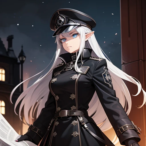 A woman, with silver hair with a reddish tone, light blue eyes, wearing a long black gothic coat with a slightly reddish tone, with iron cross symbols on the silver coat, black officer's hat with dress detail, with a iron cross, in a steampunk airship at night, serious face. Elf, elf officer, forcing papers into your hand.