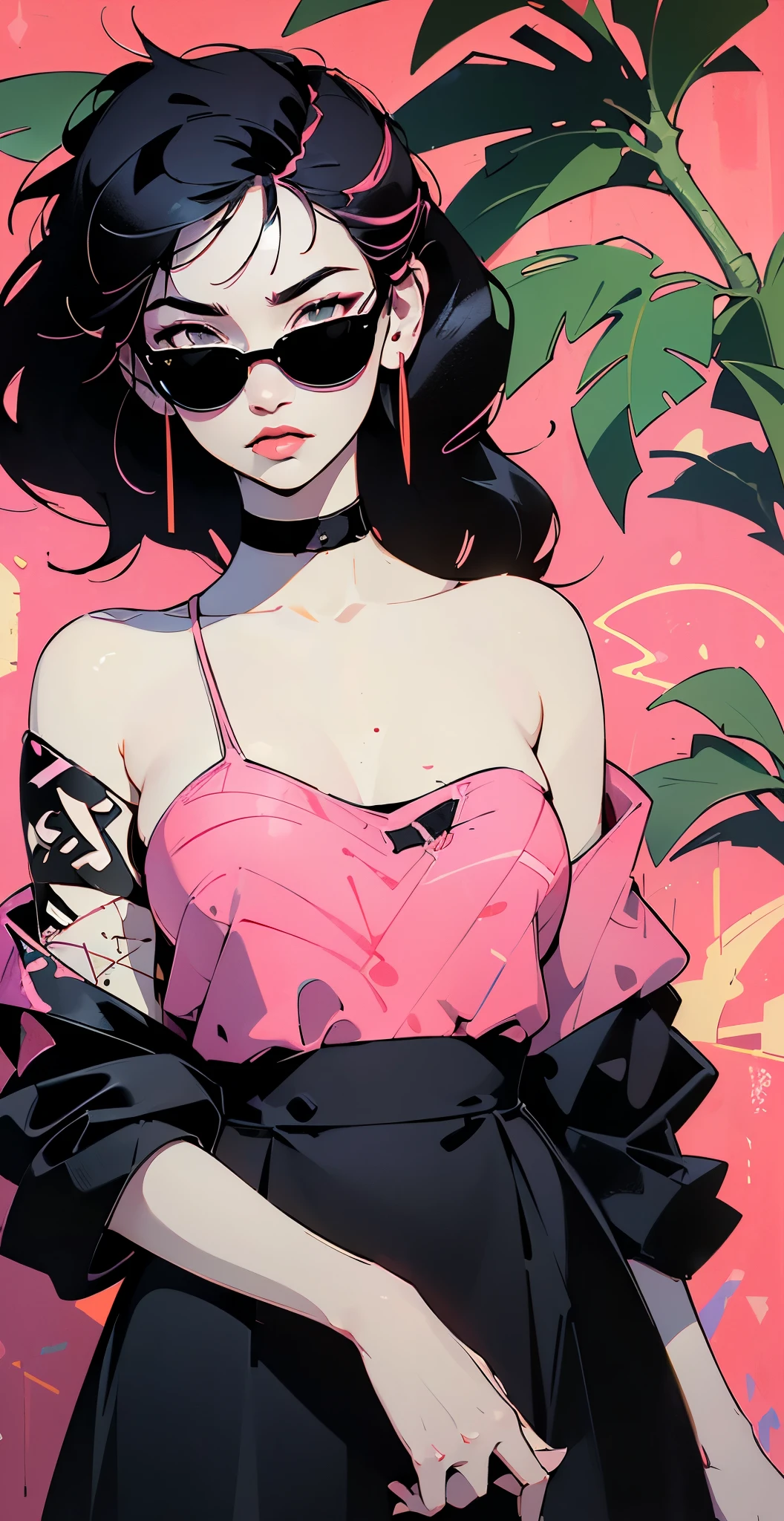 ((Lisa Black Pink)) in a dress standing in front of simple background, up close, ((Art style by Patrick Nagel)), ((8k, wallpaper, detailed)), dark sunglasses, korean pop-star, black hair, pretty hands, fringe, simple red background, palm trees, (graffiti wall:1.2), strong, courageous, art by Patrick Nagel, album art cover