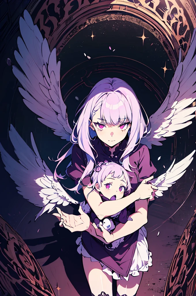 (masutepiece, Absurd quality, Best Quality, Official art, Beautiful and aesthetic:1.2), (1 little girl:1.4), ighly detailed, (Fractal Art:1.3), Colorful, highest details, Vivid Color, From  above, Angel, albino, baby-face, Hugging the skull, Dark light, Fluffy white ruffled dress, White lace up short boots, fluffy Angel wings, Purple long hair, Beautiful detailed red eyes, glare at viewer, Lots of skulls,Full body,((upper body)),((Purple hair)),