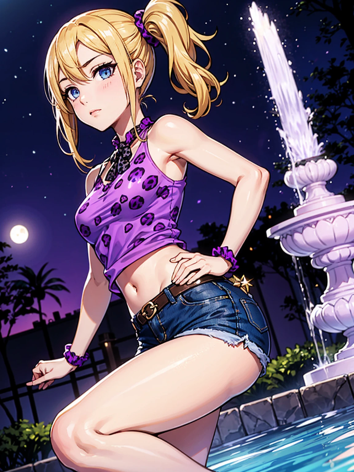 ((1girl, solo, alone, ai hayasaka, bangs, blue eyes, blonde hair, hair ornament, sidelocks, side ponytail, scrunchie, hair scrunchie, blue scrunchie)), (Square, fountain, night, stars, moonlight, halter blouse, ((purple blouse, (purple leopard print blouse))), sleeveless blouse, short blouse, (mini shorts, denim shorts))