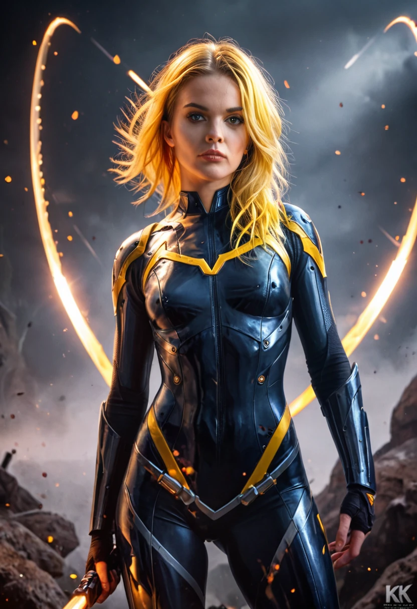 a powerful thunder ranger with a beautiful face, small breasts, wearing a tight suit, with yellow hair, wielding alien weapons, against a dramatic thunder backdrop, ultra-detailed, 8k, highly realistic, cinematic lighting, dramatic colors