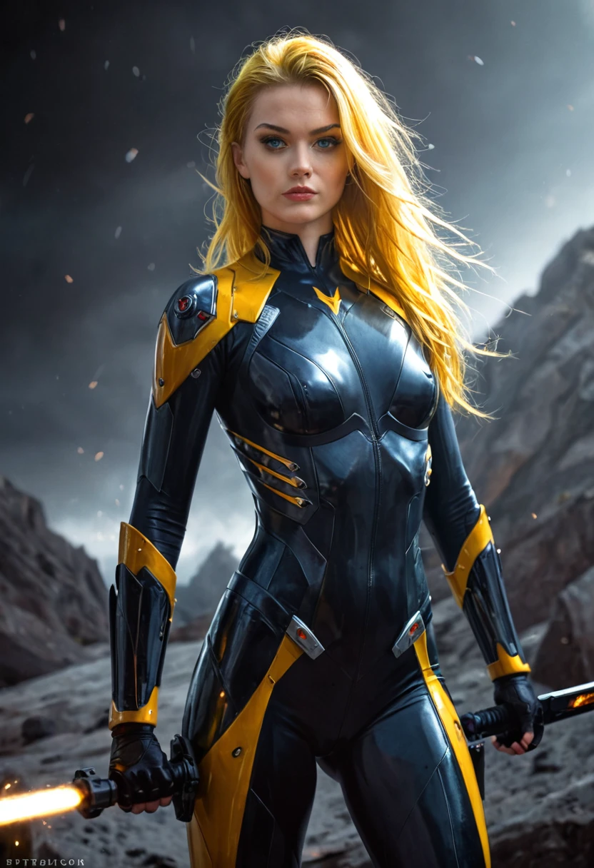 a powerful thunder ranger with a beautiful face, small breasts, wearing a tight suit, with yellow hair, wielding alien weapons, against a dramatic thunder backdrop, ultra-detailed, 8k, highly realistic, cinematic lighting, dramatic colors