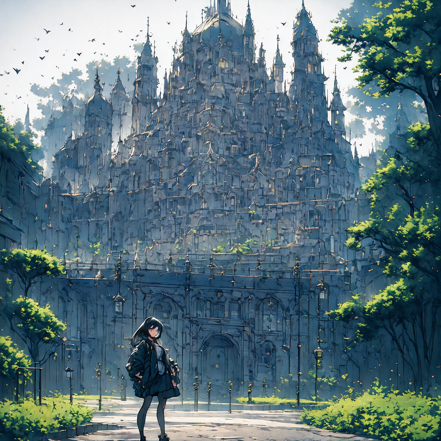 Gloomy castle in the middle of a deserted forest, surrounded by foggy darkness. Standing alone in front of the castle, dark woman with long black hair and a sinister smile.