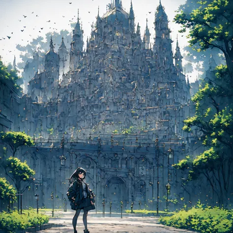 Gloomy castle in the middle of a deserted forest, surrounded by foggy darkness. Standing alone in front of the castle, dark woma...