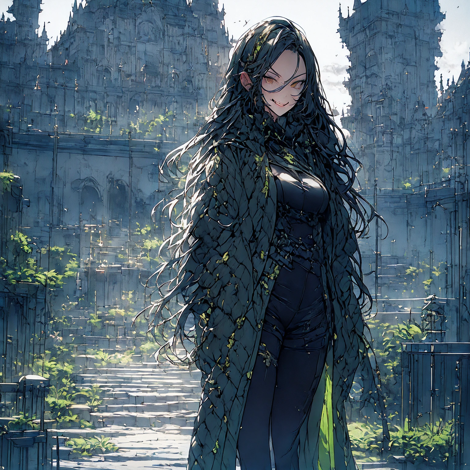 Gloomy castle in the middle of a deserted forest, surrounded by foggy darkness. Standing alone in front of the castle, dark woman with long black hair and a sinister smile.