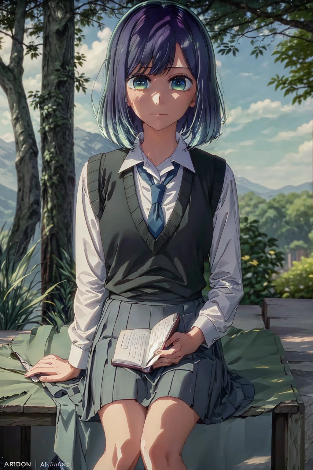 best quality, masterpiece, 1 girl, alone, beautiful, detailed eyes, shirt, blue tie, blue hair, white shirt, long sleeves, medium hair, collared shirt, vest, indoors, , bangs, vest, closed mouth , notebook, green eyes, multicolored hair, black vest, short hair, faded hair, blue eyes, skirt, under a tree, sitting, sitting under a tree, book, reading