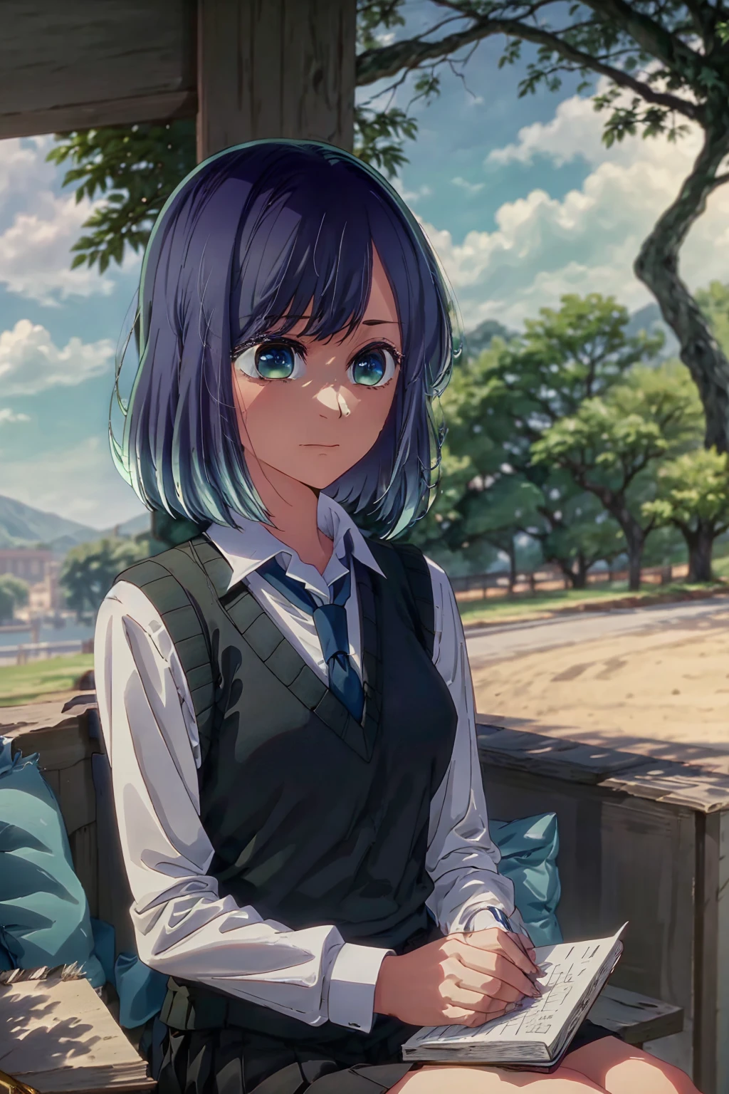 best quality, masterpiece, 1 girl, alone, beautiful, detailed eyes, shirt, blue tie, blue hair, white shirt, long sleeves, medium hair, collared shirt, vest, indoors, , bangs, vest, closed mouth , notebook, green eyes, multicolored hair, black vest, short hair, faded hair, blue eyes, skirt, under a tree, sitting, sitting under a tree, book, reading