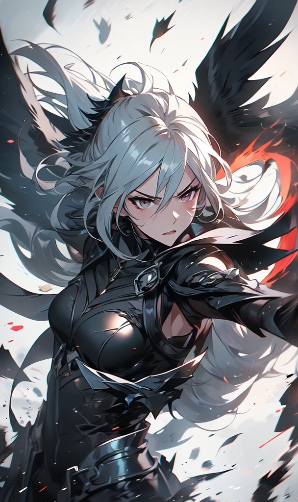 1girl, solo, anime, anime girl, black wings, white hair, black wings, black wings, black wings, black wings, black wings, black wings, black wings, from arknights, middle shot of a female anime hero, artgerm and atey ghailan, arknights, in combat, dynamic, dynamic pose, dynamic composition, attack, fate grand order, anime style like fate/stay night, senti, black eyes, white hair, poinytail, mature, (anger, tsurime:1.33), cursed armor, high tech armor, black armor, stealthtech ,scifi ,cutting edge , sleek angular, flames, destruction, world on fire, apocalyptic mass destruction