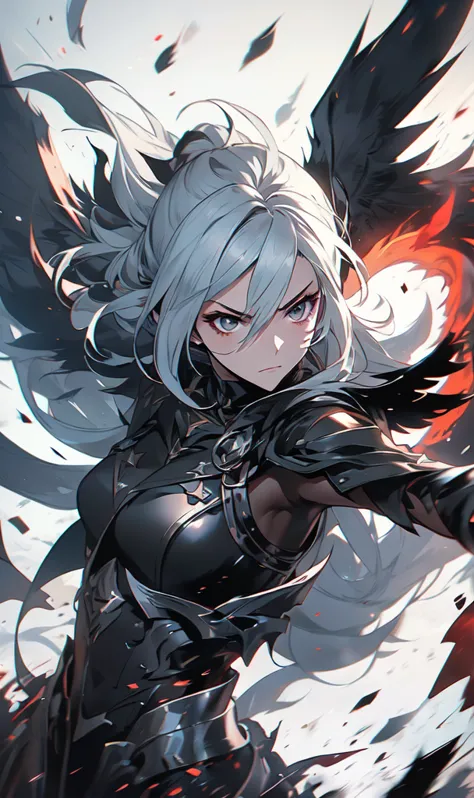 1girl, solo, anime, anime girl, black wings, white hair, black wings, black wings, black wings, black wings, black wings, black ...