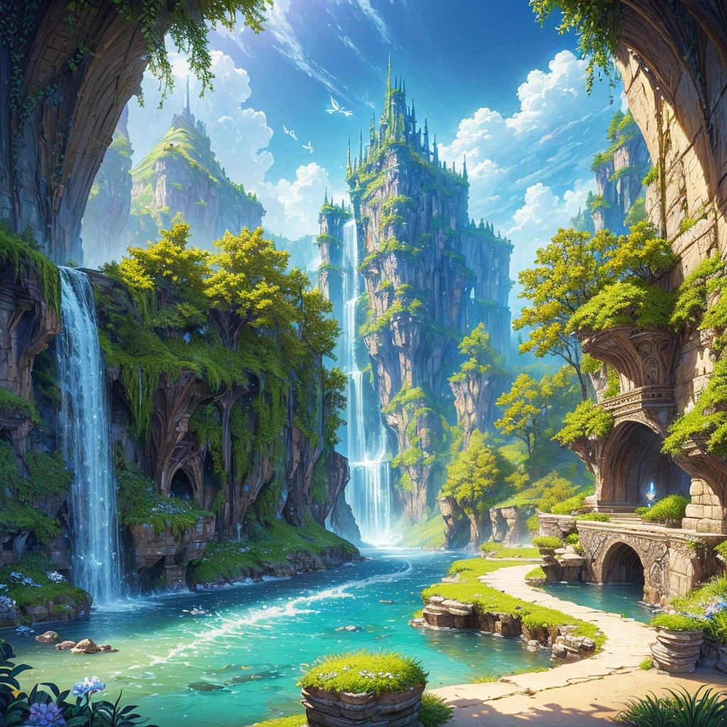 ((Highest quality)),(Ultra-high resolution),(Very detailed),(Detailed Description),((The best CG)),(A masterpiece),Ultra-detailed art,Amazing drawing art,(Fantasy art with intricate detail:1.5), Utopia of eternal spring,coloured butterflies、The blue sky stretches out endlessly、Clear Stream、Small Flower々、