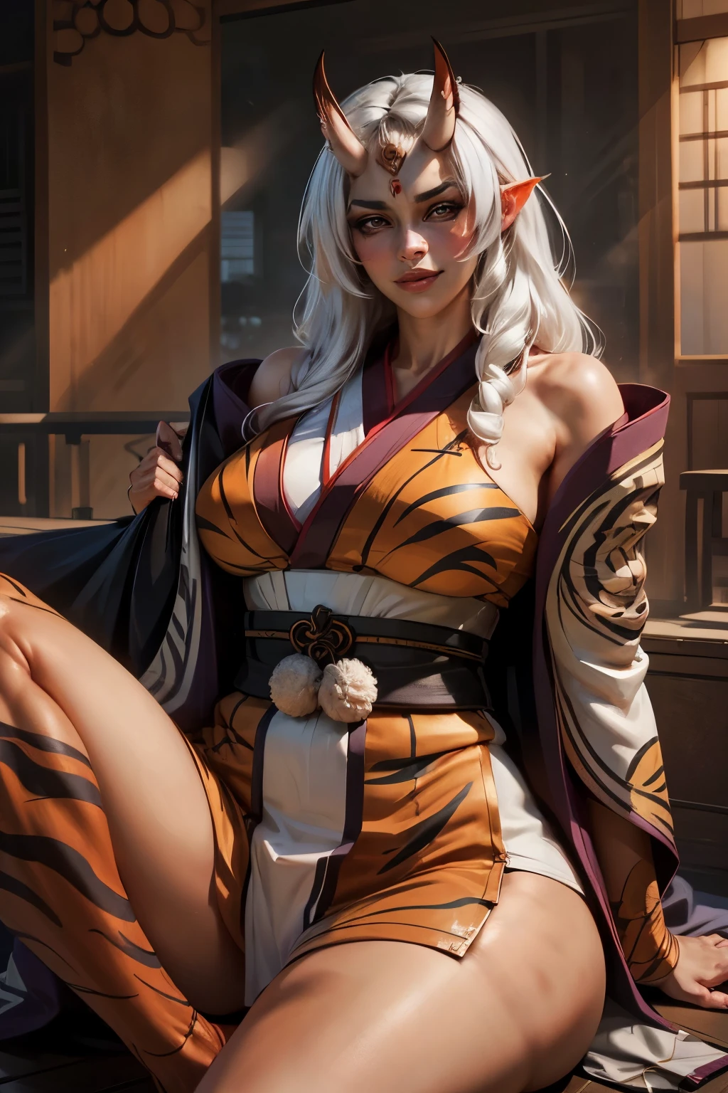 (beautiful) Asian (((Oni female))) warrior, sitting with legs spread, wearing (Tiger print short kimono), with ((thick curvy mature body)) yet ((muscular)), long and voluminous white hair blown by the wind, (2 long anime_Oni_horns ), reddish fair skin , (perfect detailed face features) expressive eyes with proud look , thick lips letting a provocative grin,
