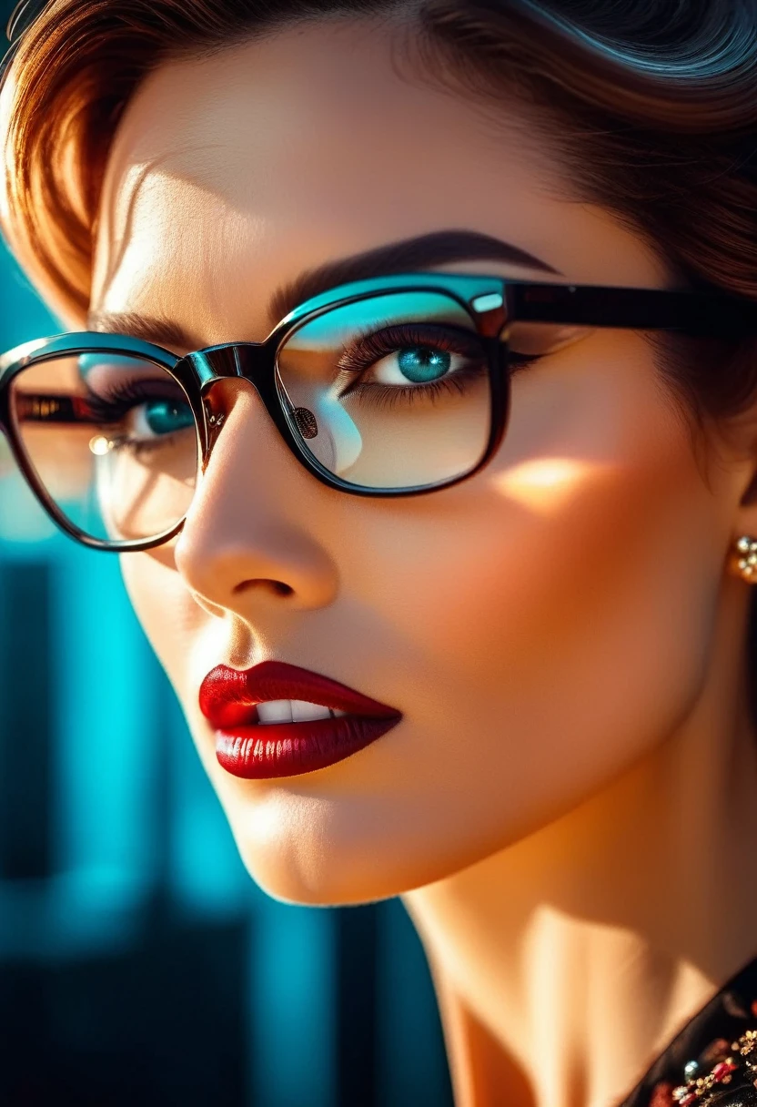 a facial portrait of a ((spy using glasses to take pictures)) working on a secret computer labratory, an elegant, exquisite beautiful female spy, dynamic hair color, dynamic hair style, (wearing elegant intricate details glasses: 1.3), dynamic color glasses, dynamic style glasses, ((letter and numbers are seen on the glasses:1.6)), she wears an elegant, intricate detailed dress, silk dress , small cleavage, Vibrant, Ultra-high resolution, High Contrast, masterpiece:1.2, highest quality, Best aesthetics), best details, best quality, highres, ultra wide angle, 16k, [ultra detailed], masterpiece, best quality, (extremely detailed), Genetically modified..., Cinematic Hollywood Film, lens flare style