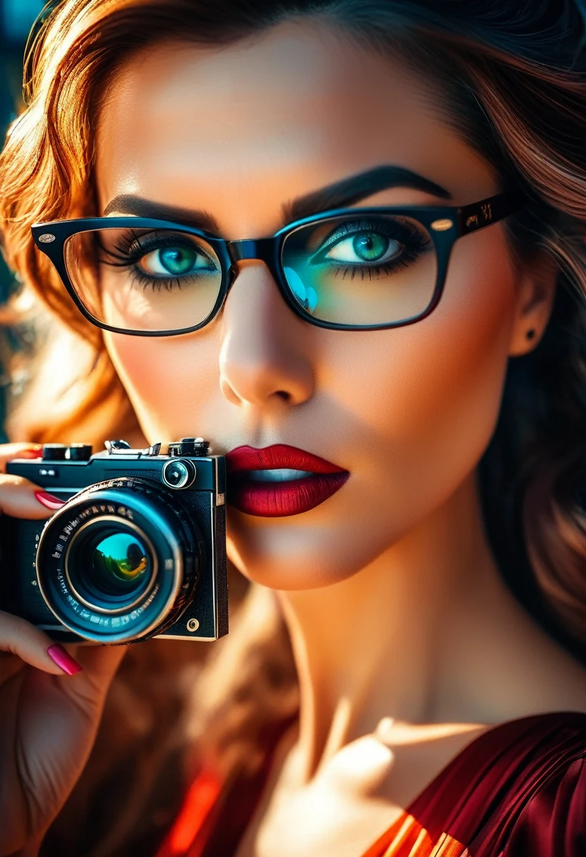 a facial portrait of a ((spy using glasses to take pictures)) working on a secret computer labratory, an elegant, exquisite beautiful female spy, dynamic hair color, dynamic hair style, (wearing elegant intricate details glasses: 1.3), dynamic color glasses, dynamic style glasses, ((letter and numbers are seen on the glasses:1.6)), she wears an elegant, intricate detailed dress, silk dress , small cleavage, Vibrant, Ultra-high resolution, High Contrast, masterpiece:1.2, highest quality, Best aesthetics), best details, best quality, highres, ultra wide angle, 16k, [ultra detailed], masterpiece, best quality, (extremely detailed), Genetically modified..., Cinematic Hollywood Film, lens flare style