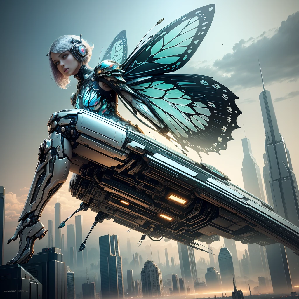 Translucent ethereal mechanical butterfly，Future king of butterflies with mechanical wings，futuristic city background，Beautiful sci-fi art, sci-fi digital art illustration, Digital cyberpunk art, Science fiction, digital painting, футуристическая digital painting, Futuristic concept art, in front of a fantastic cityscape, Science fiction, digital art, передовое digital art киберпанка, Magic cyberpunk butterfly