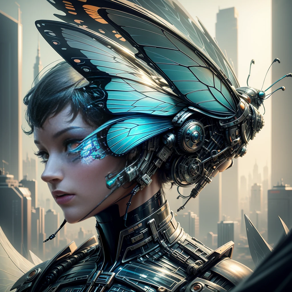 Translucent ethereal mechanical butterfly，Future king of butterflies with mechanical wings，futuristic city background，Beautiful sci-fi art, sci-fi digital art illustration, Digital cyberpunk art, Science fiction, digital painting, футуристическая digital painting, Futuristic concept art, in front of a fantastic cityscape, Science fiction, digital art, передовое digital art киберпанка, Magic cyberpunk butterfly