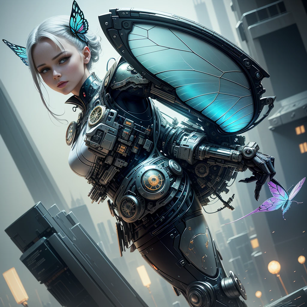 Translucent ethereal mechanical butterfly，Future king of butterflies with mechanical wings，futuristic city background，Beautiful sci-fi art, sci-fi digital art illustration, Digital cyberpunk art, Science fiction, digital painting, футуристическая digital painting, Futuristic concept art, in front of a fantastic cityscape, Science fiction, digital art, передовое digital art киберпанка, Magic cyberpunk butterfly