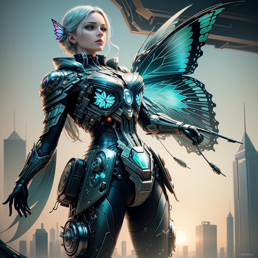 Translucent ethereal mechanical butterfly，Future king of butterflies with mechanical wings，futuristic city background，Beautiful sci-fi art, sci-fi digital art illustration, Digital cyberpunk art, Science fiction, digital painting, футуристическая digital painting, Futuristic concept art, in front of a fantastic cityscape, Science fiction, digital art, передовое digital art киберпанка, Magic cyberpunk butterfly