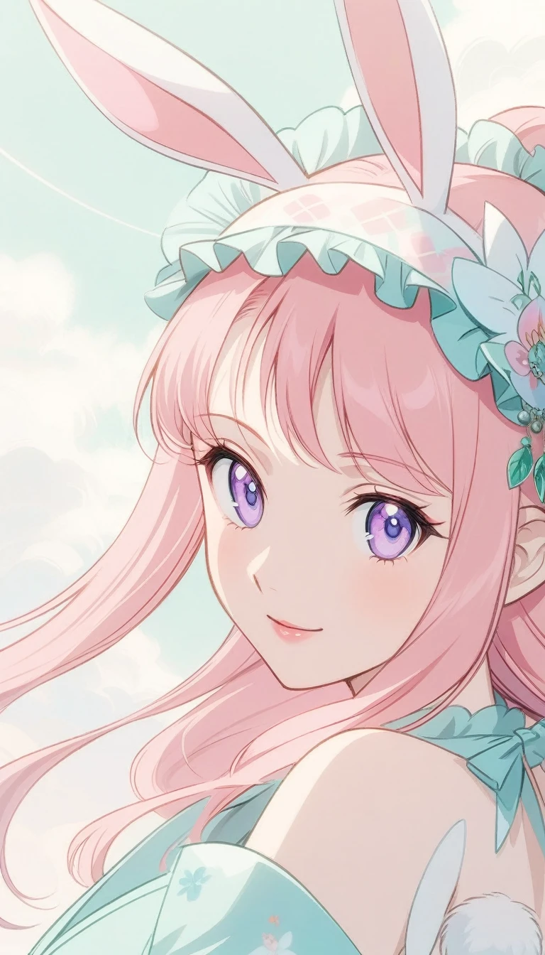 Anime style, A cartoon closeup of a woman with ears and bunny tail, There is a rabbit tail, Has rabbit ears, Girls Design, Second-rate, portrait, Gisha, Anime Character, Long hair, Pink Hair, Hair covers the ears, Happy, Delicate and powerful appearance, Dissonance, High target  