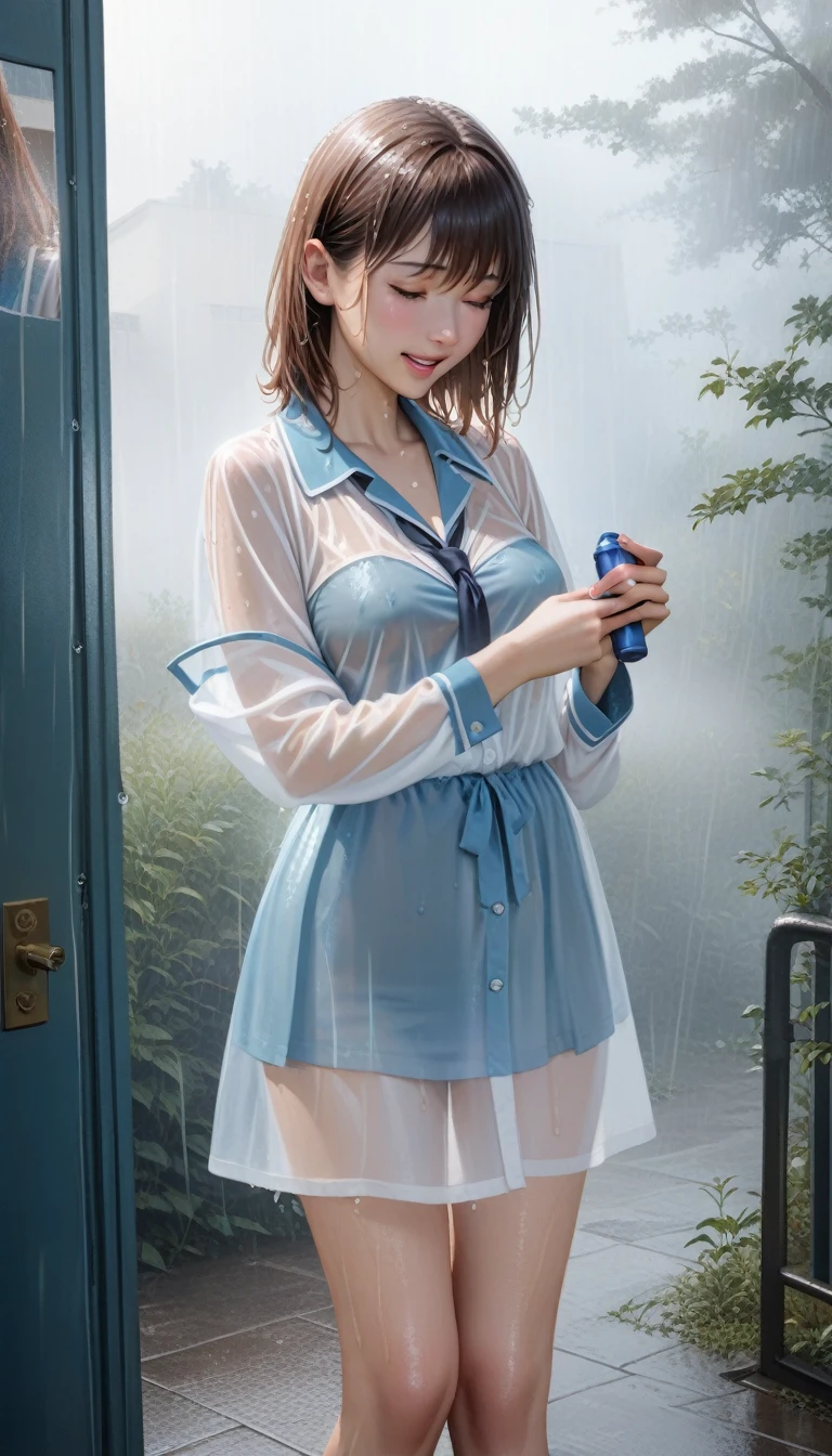 masterpiece, absurd, Ultra-high resolution,(Photo-realistic:1.4),1 girl,laughing out loud, No.18,Medium breasts,Brown medium-length hair, ((Heavy rain, FOG, wet, see through)),(Blue High School,nounderwear),School entrance,A woman holding an adult toy, Squirming under Tobikko&#39;s remote control,The crotch is dripping with intoxicating, which is coating the underwear and inner thighs.She blushed and looked at me.,underwear,city View,