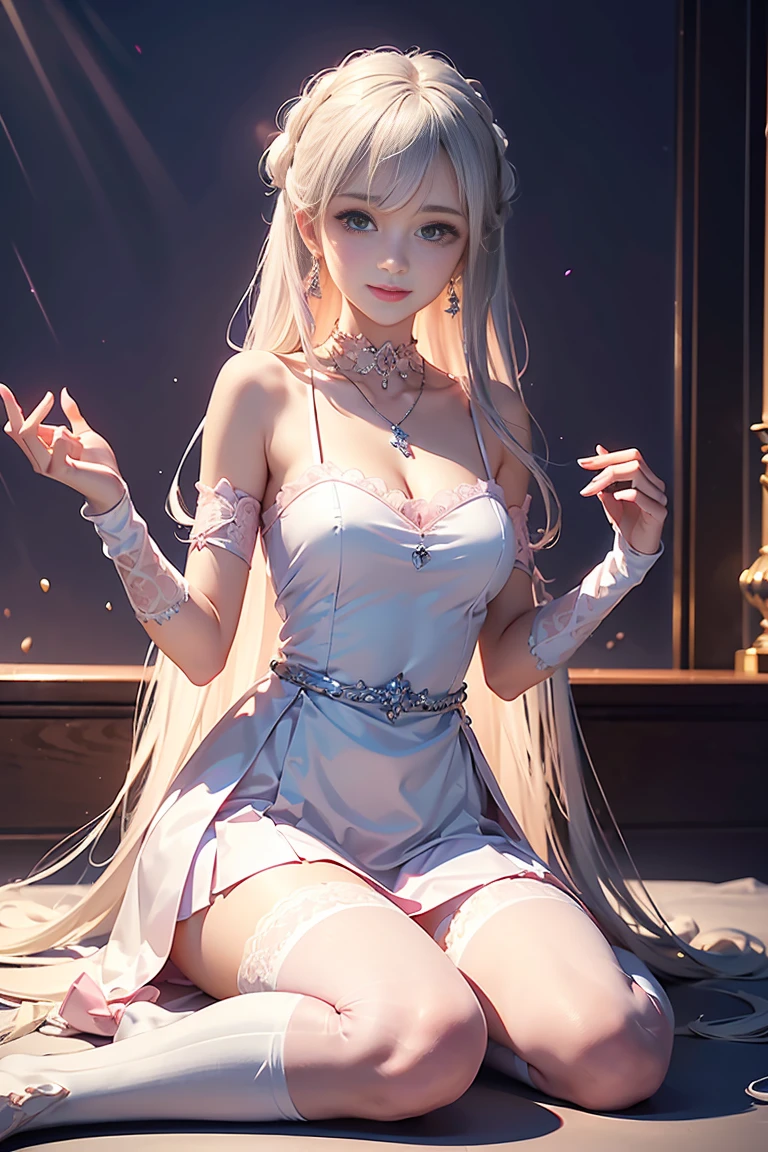 Dynamic Angle,((One girl, Elegant Pink Dresser Piece, Highest Resolution)), (Beautiful illustrations),(Beautiful medium-long silver hair),(Looking at the audience),An innocent smile,Cinema Lighting,White over-the-knee socks,Lace choker, Wristband, Diamond Necklace,Wristband, White fingerless gloves, Earrings,Day,blue sky,Beautiful Flower Park