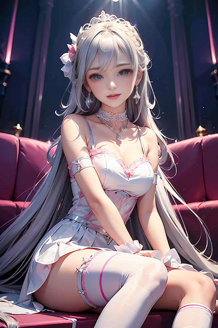 Dynamic Angle,((One girl, Elegant Pink Dresser Piece, Highest Resolution)), (Beautiful illustrations),(Beautiful medium-long silver hair),(Looking at the audience),An innocent smile,Cinema Lighting,White over-the-knee socks,Lace choker, Wristband, Diamond Necklace,Wristband, White fingerless gloves, Earrings,Day,blue sky,Beautiful Flower Park