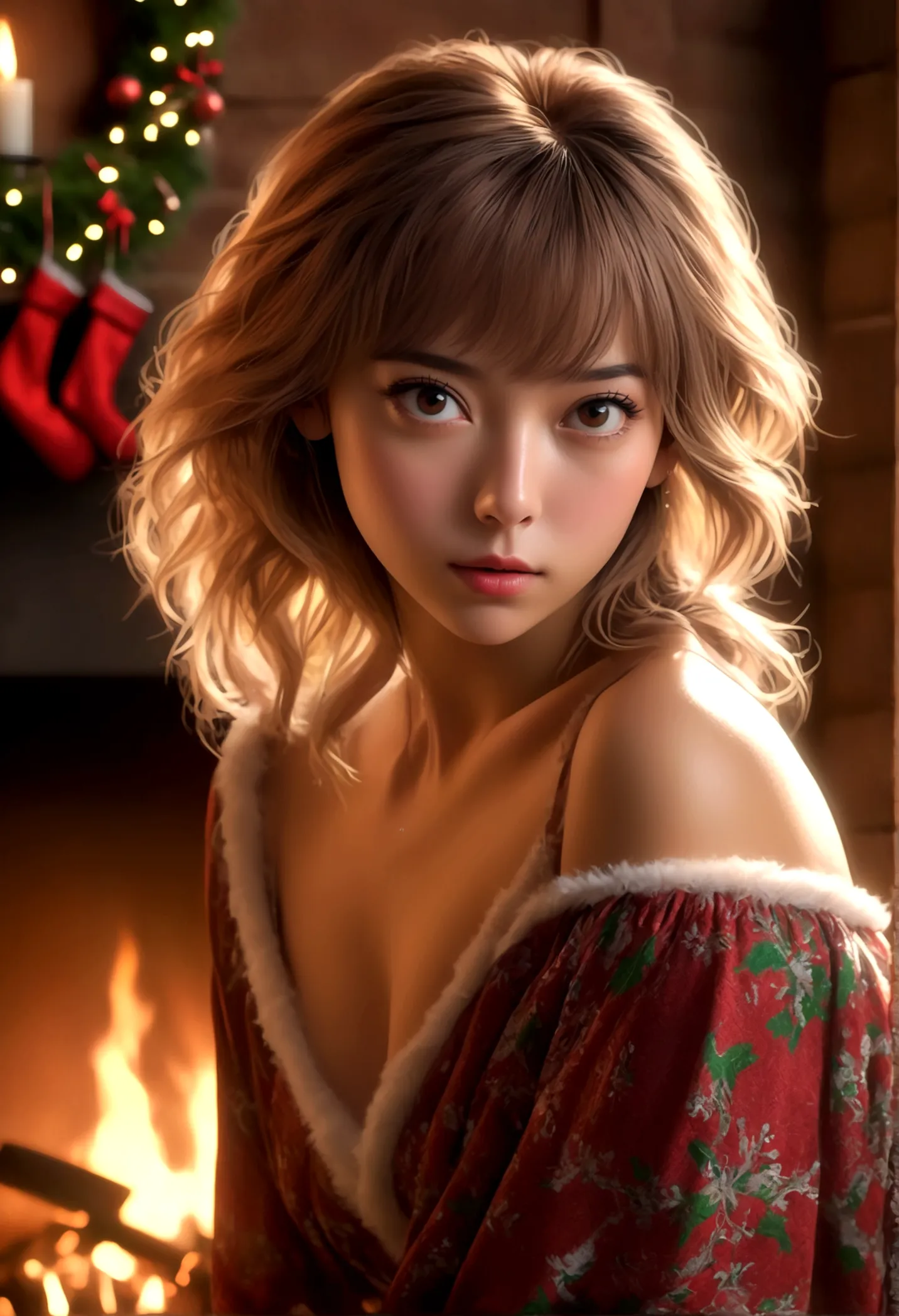 a beautiful young woman (Lalisa Manobal, age 25), wearing an airy sheer Christmas night gown (shoulders exposed, deeply plunging neckline) , nude except for night gown, her intimate areas partially exposed and very detailed, playing with a baby bunny by an...