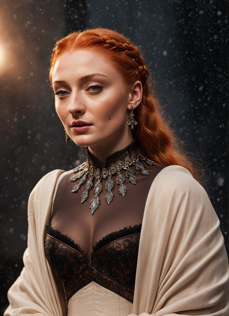 Visage de Sophie Turner, Sansa Stark jouée par Sophie Turner, la Dame de facto des Eyrié, est une reine mature de 40 ans avec un superbe, apparence séduisante. visage complet, yeux percés, lèvres rougeâtres, tir du haut du corps, costumes médiévaux érotiques, Costumes de jeu de trônes, Elle porte un costume inspiré de Game of Thrones et a un décolleté profond, un corps épais parfait, et une silhouette épaisse parfaite. La photographie la capture en gros plan, avec sa texture de peau et ses traits du visage ultra-réalistes et réalistes. Figure épaisse et juteuse, peau de haute qualité, pores de la peau, détails étonnants, neige, neige flakes, semi réaliste, yeux extrêmement détaillés, paramètres orange et noir sombres et maussades, environnement frais, intelligence artificielle