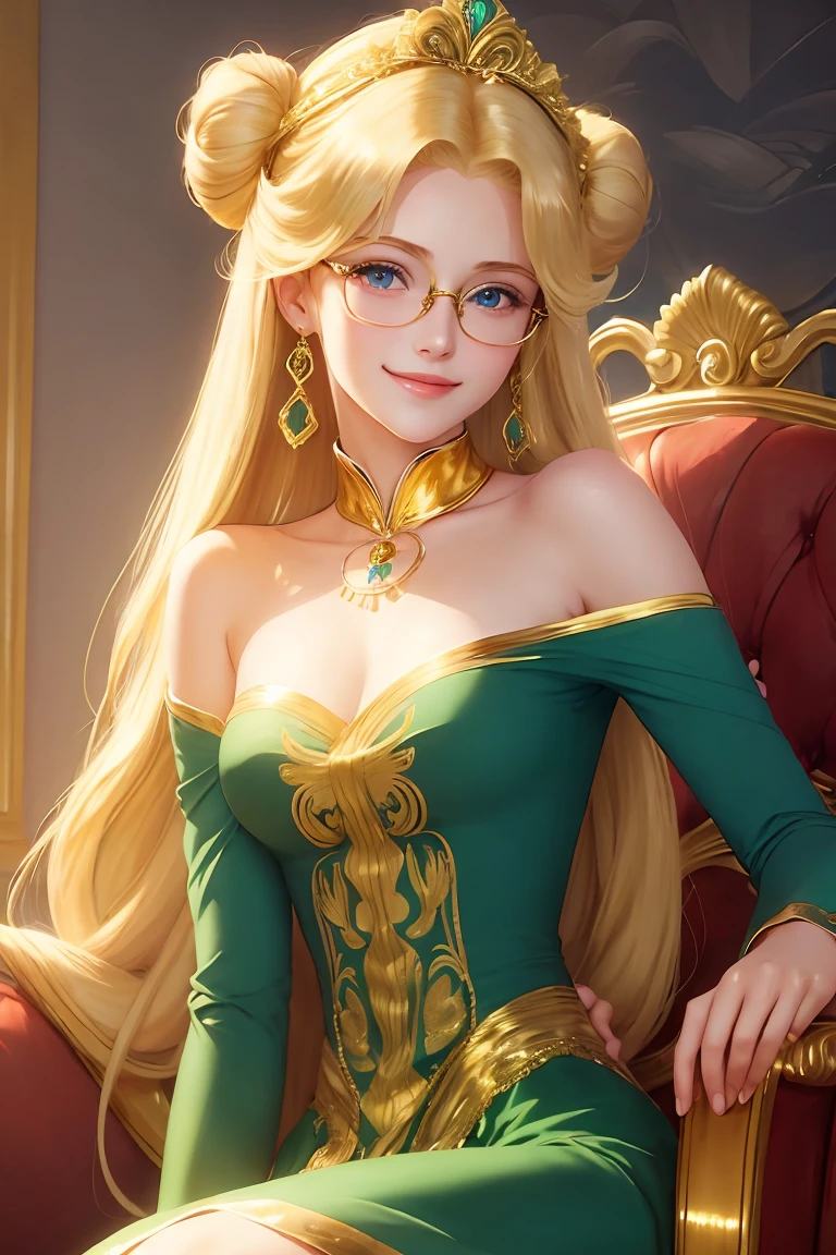 long blonde hair buns, blue eyes, young, darling, Sailor Moon a smiling lady with metal-rimmed glasses dressed in green, gold embroidered dress and a golden tiara on her head sitting on a throne