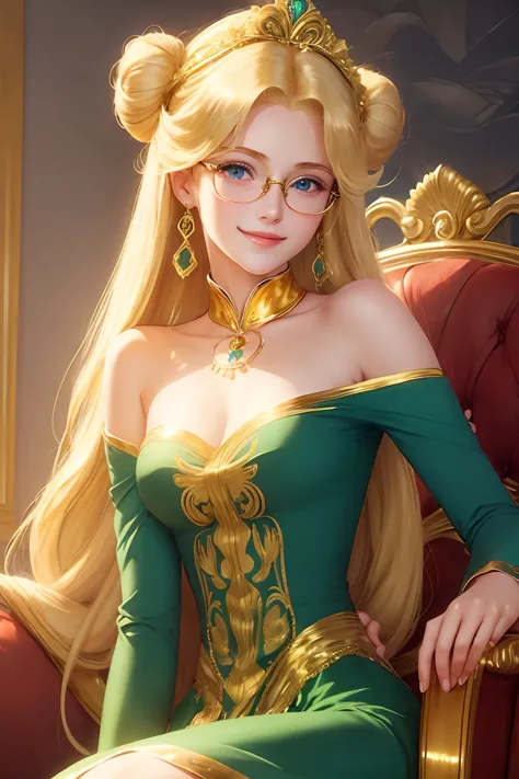 long blonde hair buns, blue eyes, young, darling, sailor moon a smiling lady with metal-rimmed glasses dressed in green, gold em...