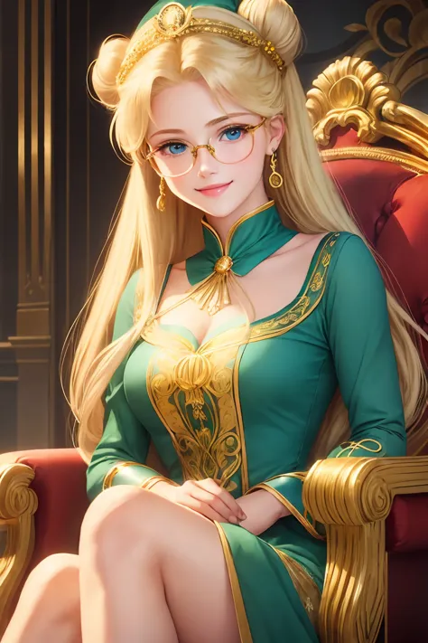 long blonde hair buns, blue eyes, young, darling, sailor moon a smiling lady with metal-rimmed glasses dressed in green, gold em...