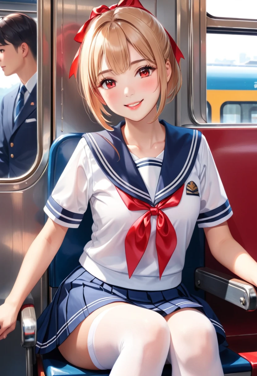 Highest quality、High resolution、Detailed Background、Beautiful face in every detail、Teenage beauty、Detailed red eyes、Realistic、Perfect body line、Light Hair Color、Bobcut、ponytail、well-groomed eyebrows、A shiny white short-sleeved sailor suit、Light blue sailor collar、Navy blue pleated skirt、Red ribbon、White Stockings、on the train、Sitting in a chair、Looking at me with a happy expression、Panty Shot、Cute gestures、so beautiful