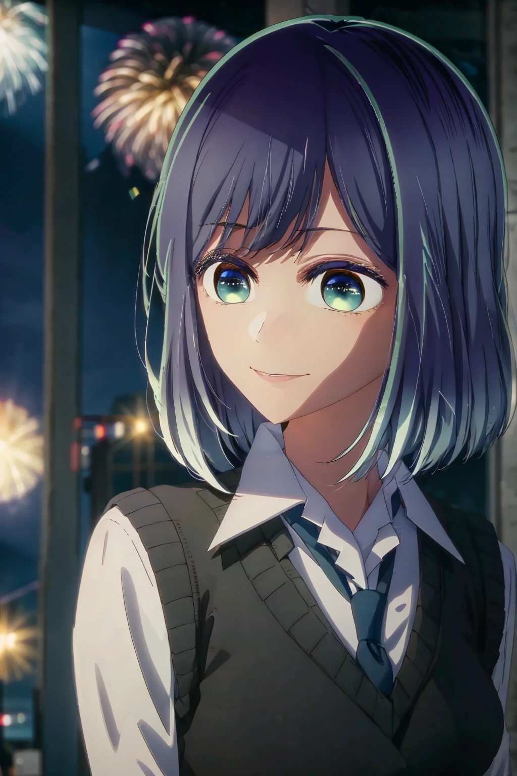 best quality, masterpiece, 1 girl, alone, beautiful, detailed eyes, shirt, blue tie, blue hair, white shirt, long sleeves, medium hair, collared shirt, vest, indoors, , bangs, vest, closed mouth , smile, green eyes, multicolored hair, black vest, short hair, faded hair, blue eyes, skirt, at a festival, festival lights, street, fireworks