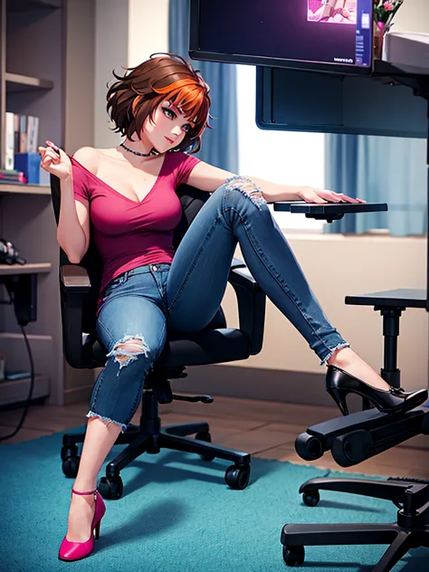 merula, sitting on a chair with her legs up, gaming chair, sexy pose, sitting pose, blue jeans, pink high heels , legs up, side ...