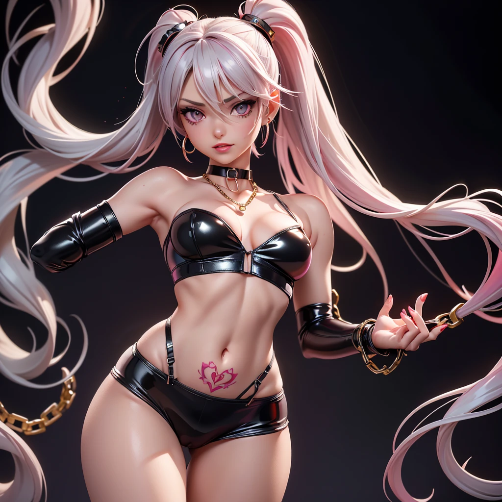 ((1 girl)), standing alone , long messy gray hair, Eyes red, hair covering one eye, Woman, (((face flushed and very horny))) , various poses ,legs slightly open, (wide leather choker) muscular female, gold bracelets, ruby earrings)), fitness, ((standing alone)), (red lipgloss stick), extremely detaild, soft ambient lighting, 4K, Eyes red perfeitos, a perfect face, ((very detailed hands and arms)) (perfect lighting), ((metalhead Woman)), Punk Girl, (((piercing))) displayed , corpo sexy  ((pink micro blouse with chains and sensual neckline)),age 28 (((well-defined medium breasts))) strapless latex micro bra, pretentious smile, mine Black leather and chain jacket open with points and long sleeves with the shoulders showing, open tummy, latex micro panties with chain straps marking her small pussy swollen with lust, well designed and well defined,  chains on clothes, suspender style chain belt, high qualiy, 4K, High definition, bom detalhe, ((sexy tattoo)) medium bust,)) extremely sexy (((medium glossy lips))) long black transparent socks
