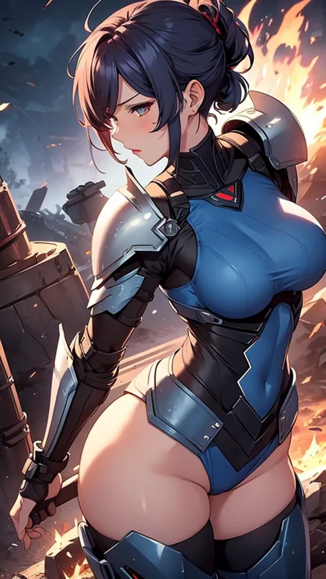 Full body armor shattered，Blue short hair，Sexy，Large Breasts，In battle，Sweat，fire，lipstick，Wave hairstyle，lightning，Mature wife，...