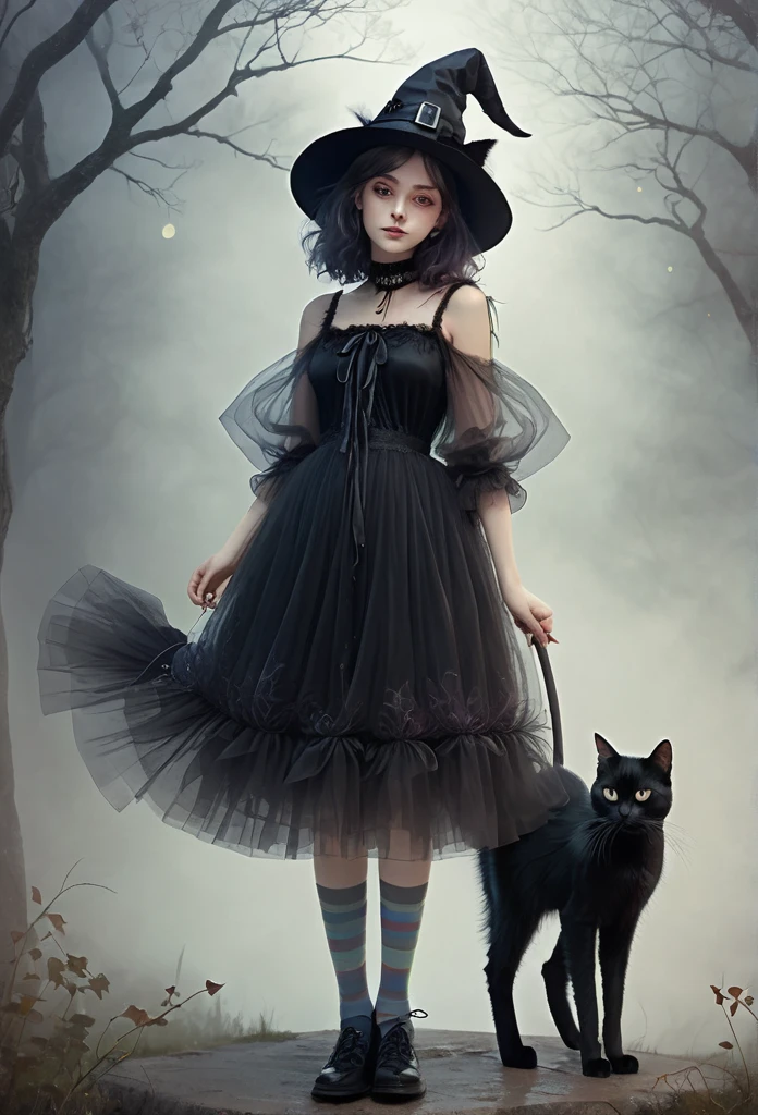 witch girl,full body,short tulled dress, translucent socks,shoes, hugging a beautiful furry black cat,mist background,(high quality),(refined details),(delicate details),(fantasy illustration)