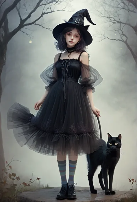 witch girl,full body,short tulled dress, translucent socks,shoes, hugging a beautiful furry black cat,mist background,(high qual...